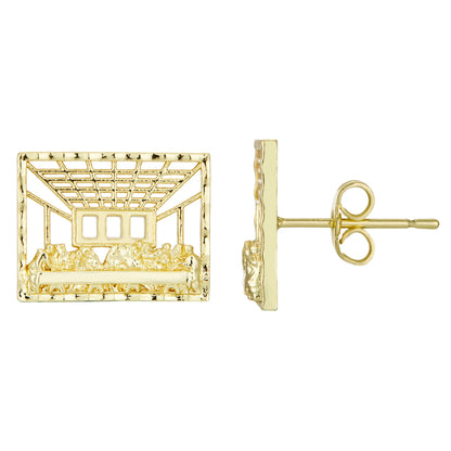 Gold-colored 14k gold plated hip hop style stud earrings featuring a detailed rectangular last supper design