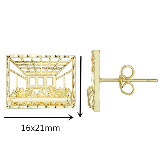 Gold-colored 14k gold plated hip hop style stud earrings featuring a detailed last supper miniature with wirework frame