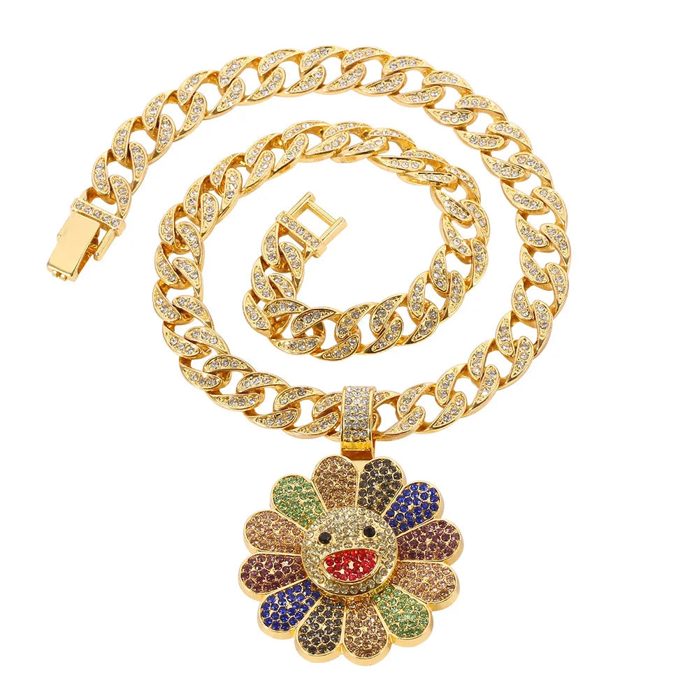 Gold-colored chain necklace with takahashi sunflower pendant featuring colorful zirconia rhinestones trendy brand personalized