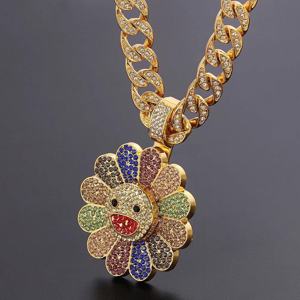 Gold-colored hip-hop style rotating takahashi sunflower zirconia pendant necklace with colorful flower-shaped rhinestones