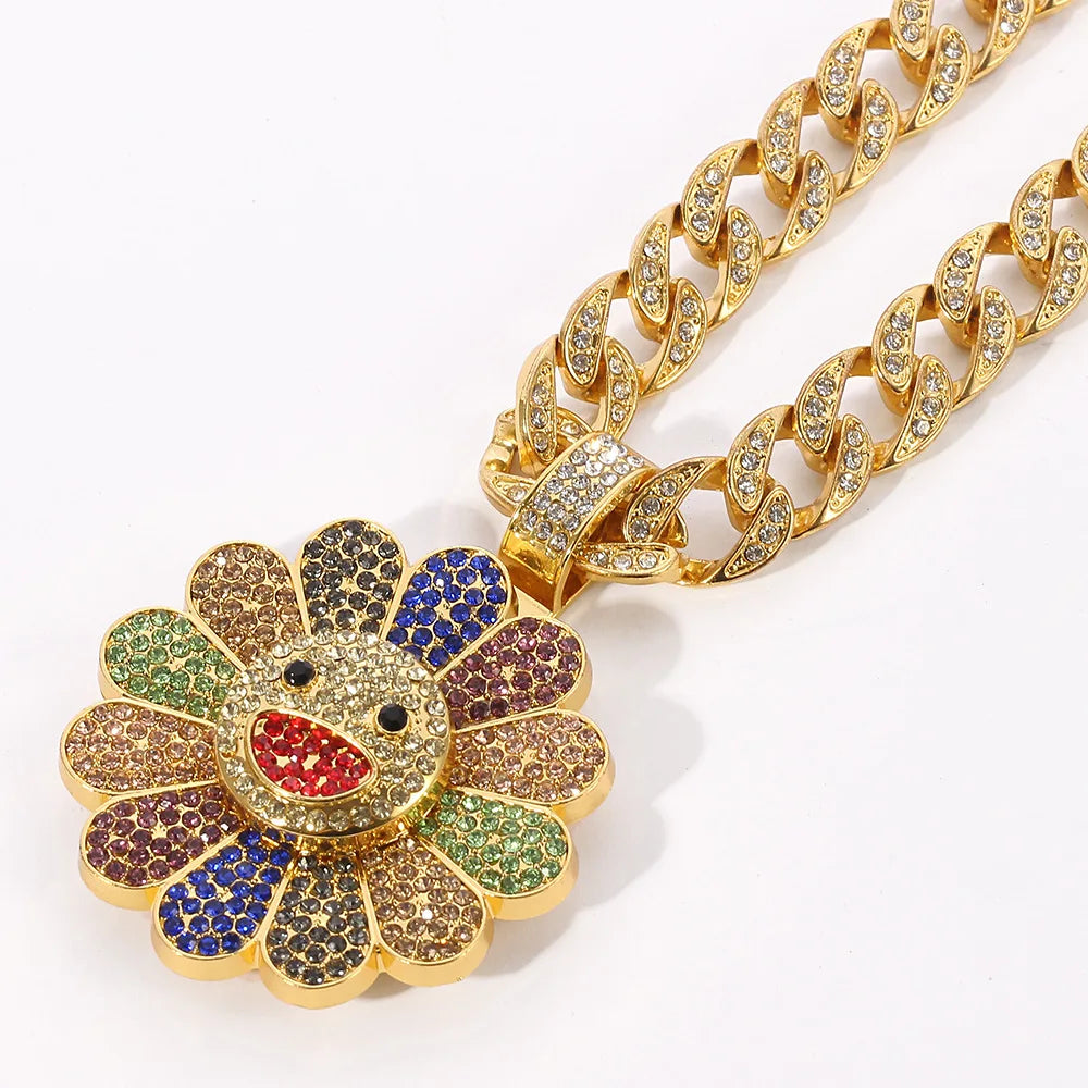 A vibrant takahashi sunflower pendant in gold-toned metal with rainbow zirconia stones for a trendy brand personalized look