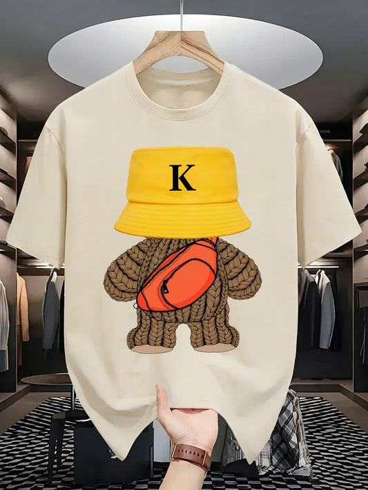 Hip-hop style sportswear, versatile bear-patterned sports T-shirt, round-neck breathable cotton casual wear