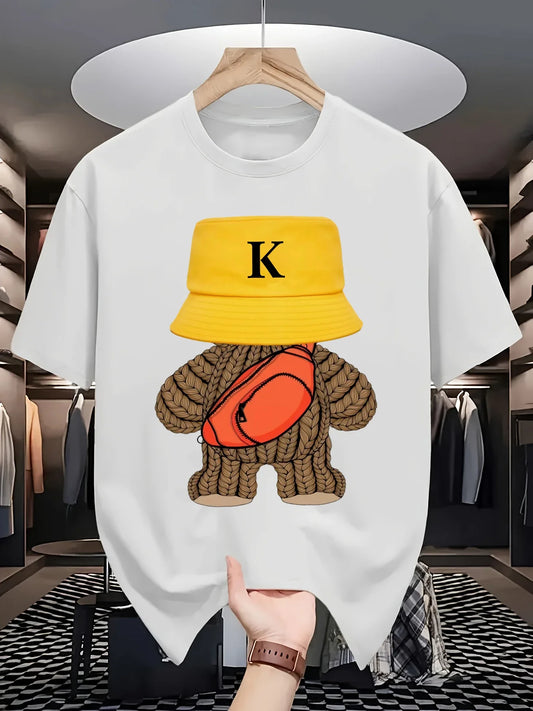 Hip-hop style sportswear, versatile bear-patterned sports T-shirt, round-neck breathable cotton casual wear