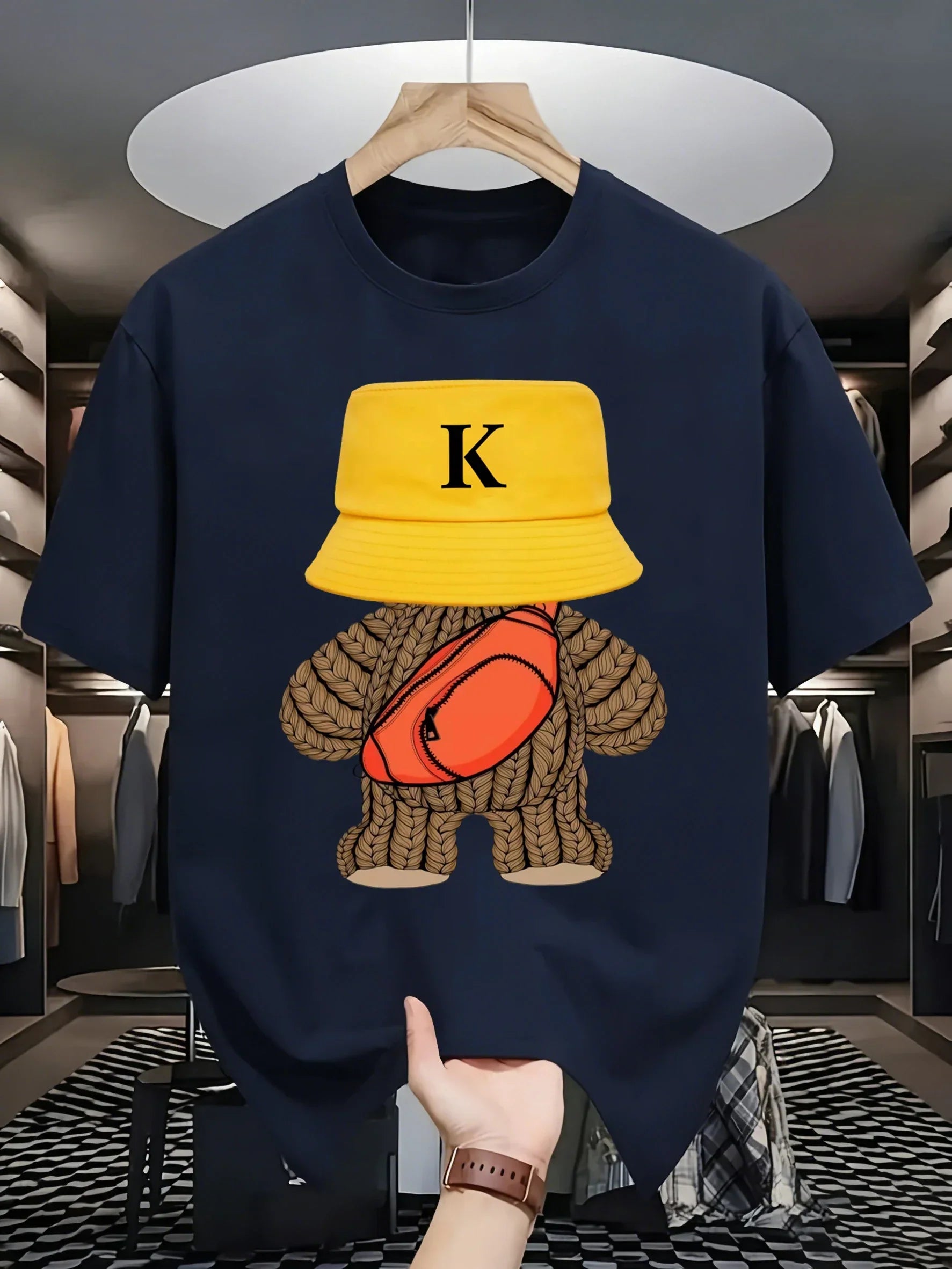 Navy blue breathable cotton casual t-shirt with knitted bear graphic in style sportswear versatile design