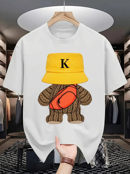 White short-sleeved cotton casual wear t-shirt with breathable fabric and versatile hip-hop style sportswear bear graphic