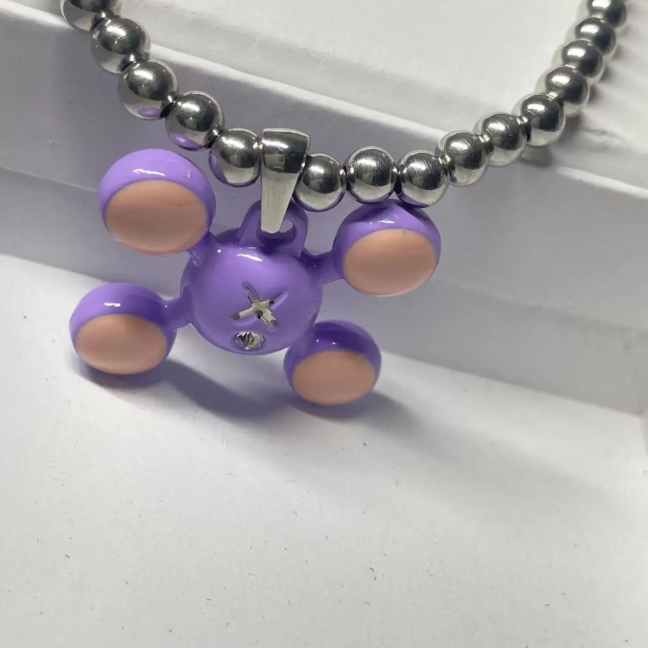 Purple and peach resin bear pendant on silver-toned bail with stainless steel bead chain rapper niche design necklace gift