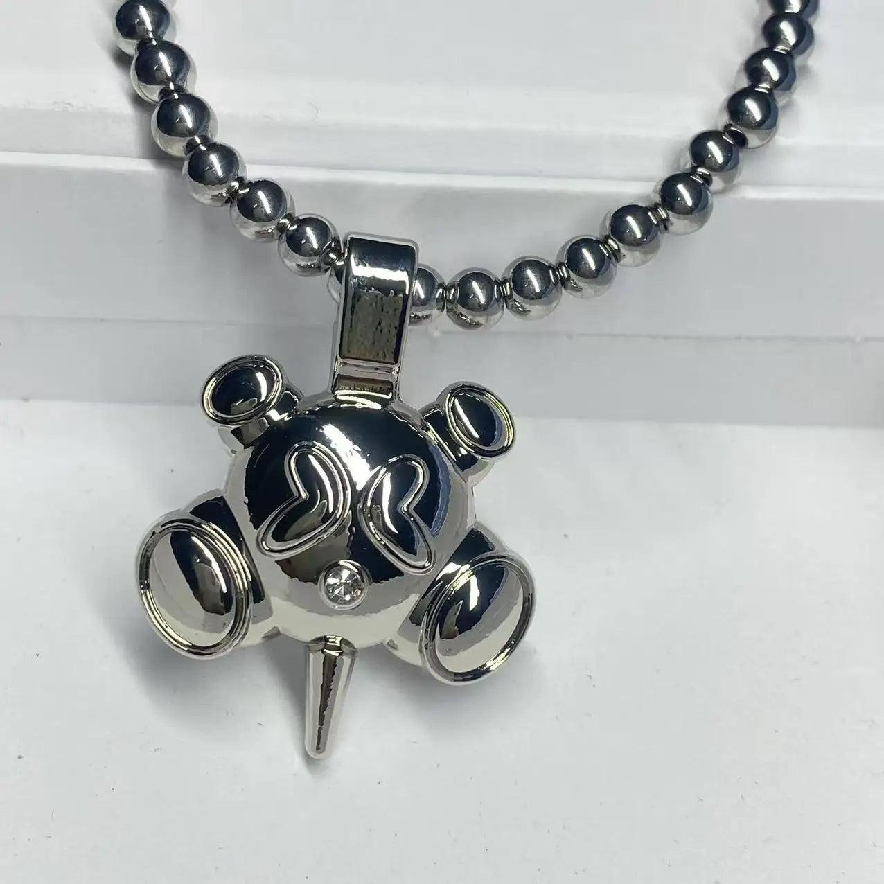 Shiny silver metallic robot pendant with diamond accent on stainless steel bead chain rapper niche design necklace gift