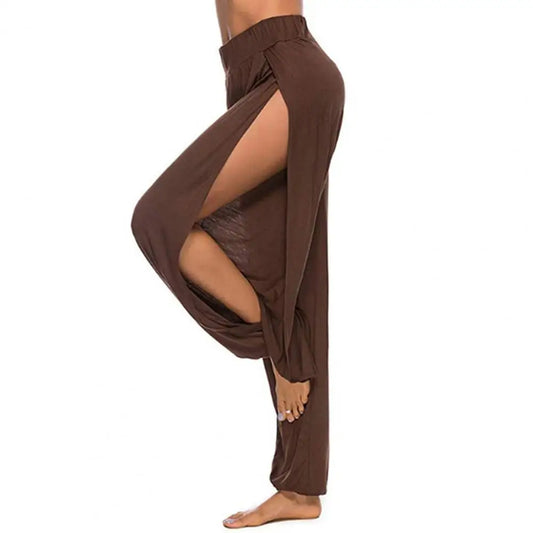 Brown women harem pants with slit design wide leg and high waist for casual hip hop style dance wear