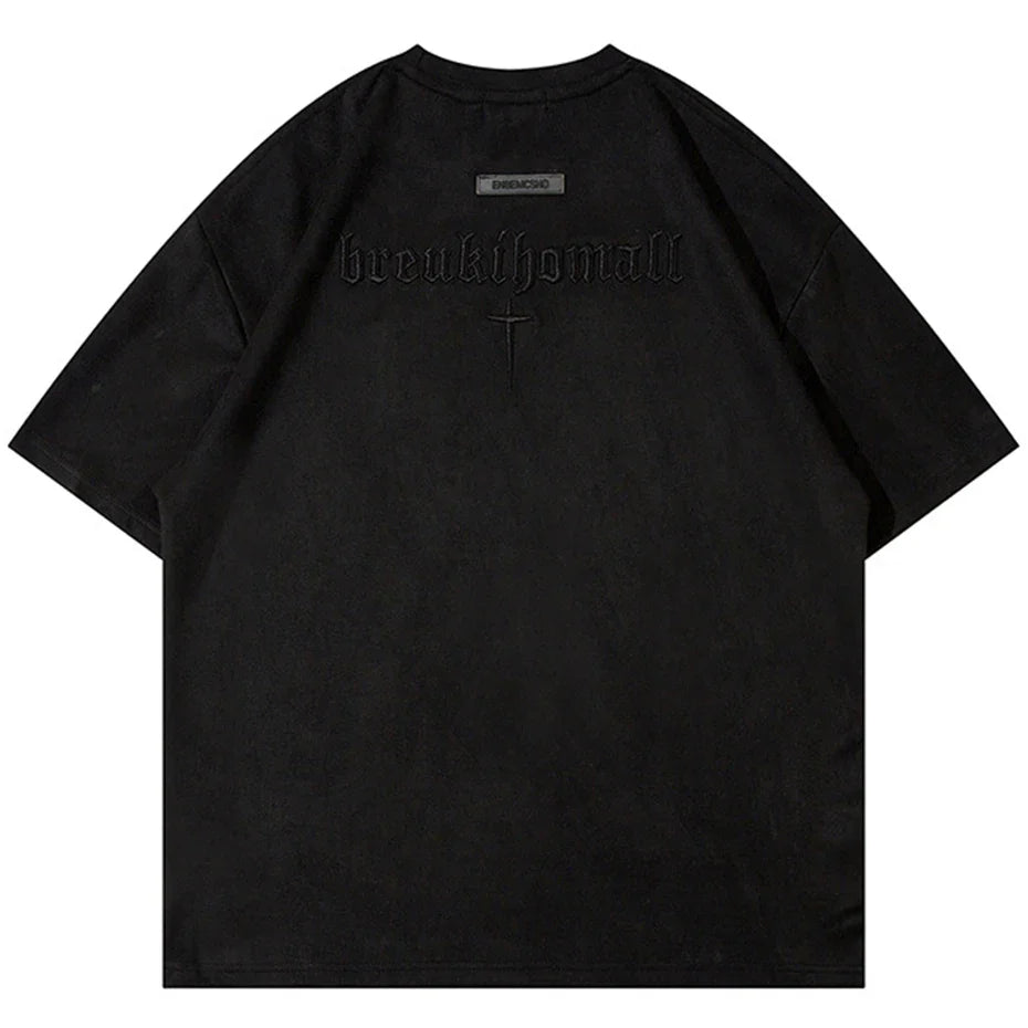 Black hip hop suede oversized t shirt with embossed cross and letter embroidery on the back for men summer loose wear