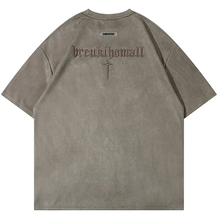 A muted gray hip hop suede embroidery oversized harajuku t shirt for men summer loose fit showing the back