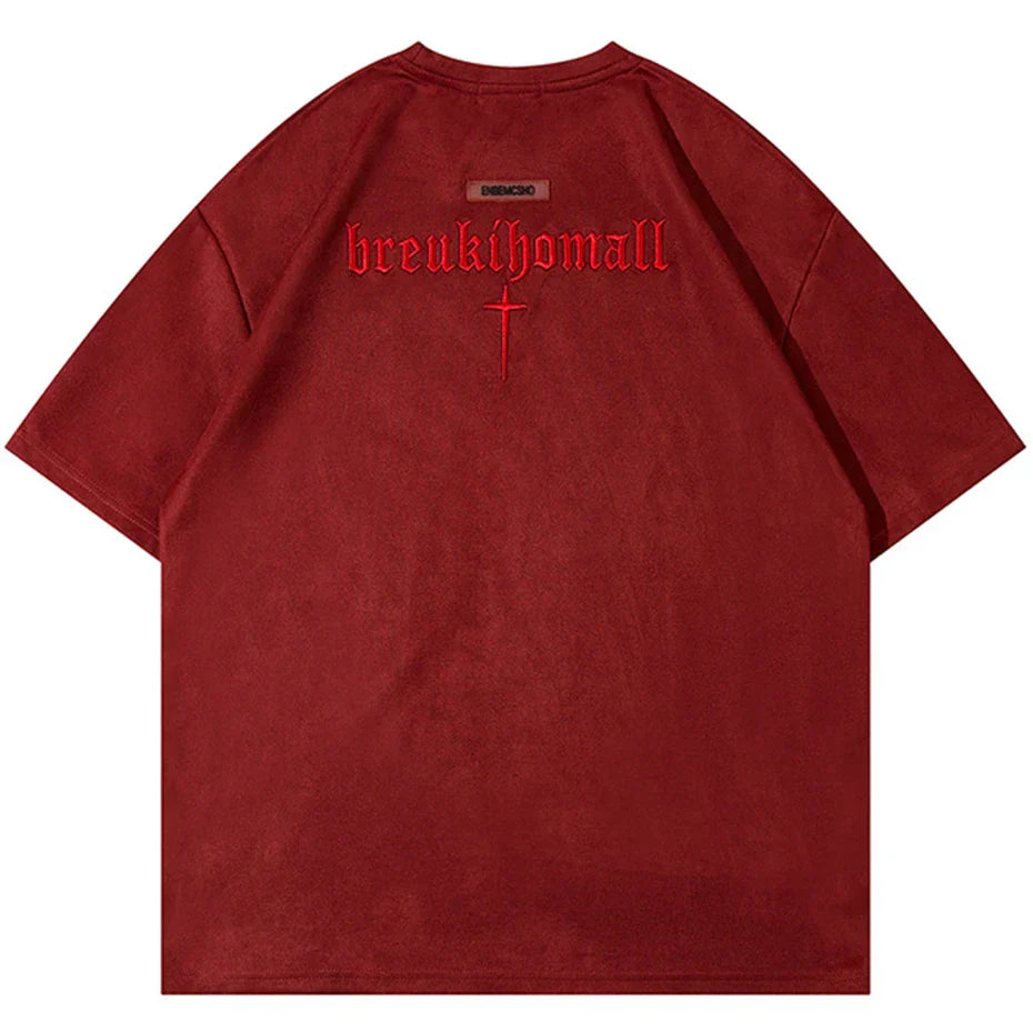 Red hip hop suede short-sleeved t shirt with breakthomall embroidery oversized harajuku men summer loose tee