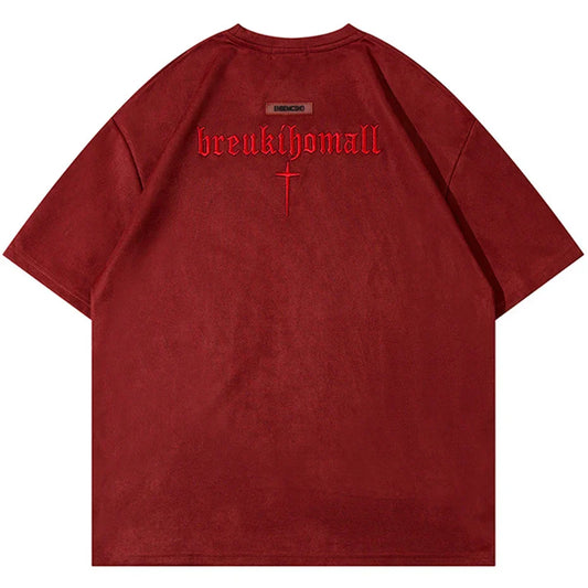 Red hip hop suede short-sleeved t shirt with breakthomall embroidery oversized harajuku men summer loose tee