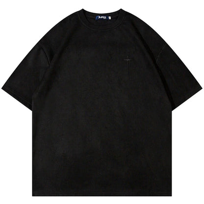 Black hip hop suede oversized t shirt with subtle embroidered cross for men summer loose casual harajuku streetwear tops