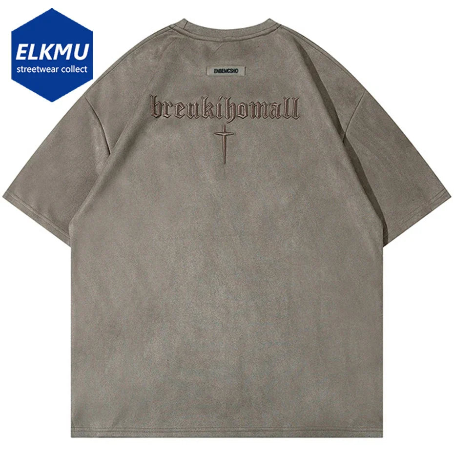 A muted gray hip hop suede embroidery oversized harajuku t shirt for men with faded graphic on the back summer loose fit