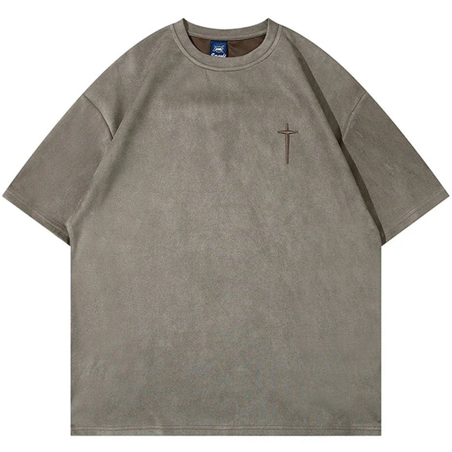 Olive green hip hop suede embroidery oversized harajuku cotton t shirt men summer loose casual tee