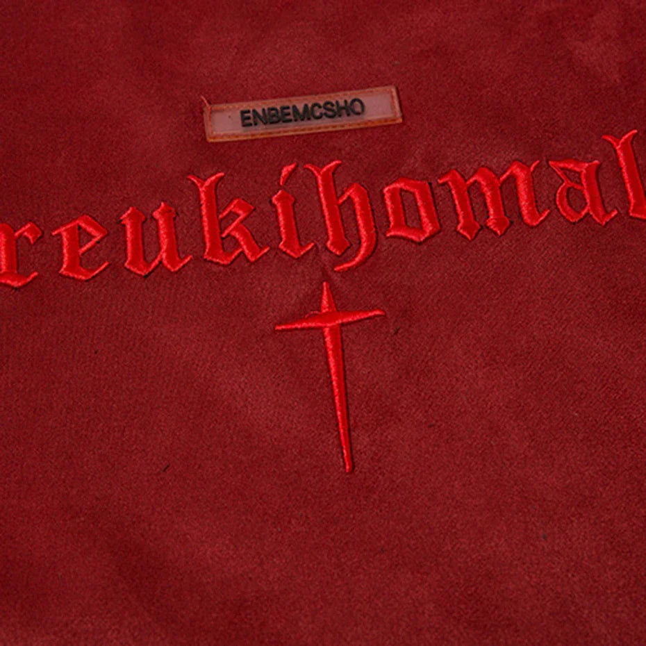 Red suede hip hop suede t shirt with embroidered gothic lettering and cross for men summer loose streetwear tops