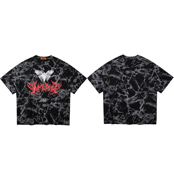 Black and white marble patterned oversized cotton t shirt with bold red and white graphic for hip hop streetwear