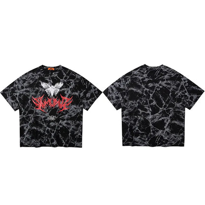 Black and white marble patterned oversized cotton t shirt with bold red and white graphic for hip hop streetwear