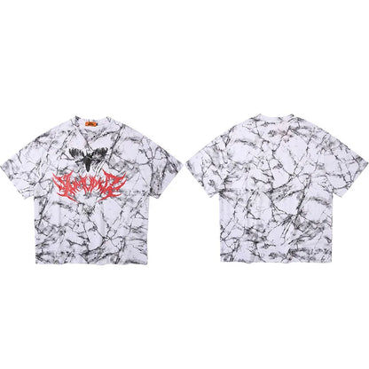 White short-sleeved cotton t-shirt with black and gray marble pattern and bold red eagle graphic for streetwear