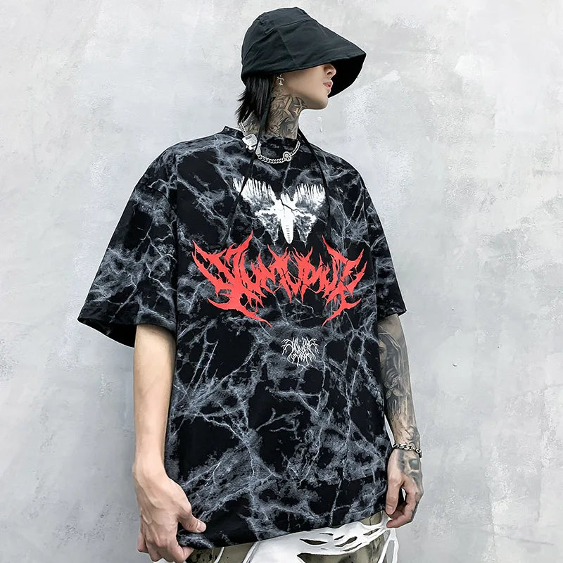 Black and gray marble patterned oversized cotton t shirt with bold red gothic font graphic for hip hop streetwear