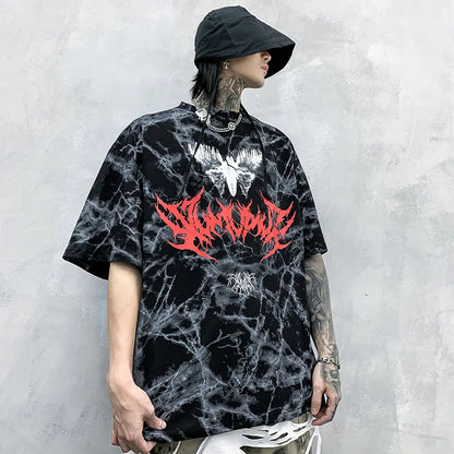 Black and gray marble patterned oversized cotton t shirt with bold red gothic font graphic for hip hop streetwear