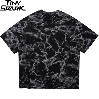Black and white marble-patterned cotton oversized hip hop t shirt by tiny spark for streetwear summer style