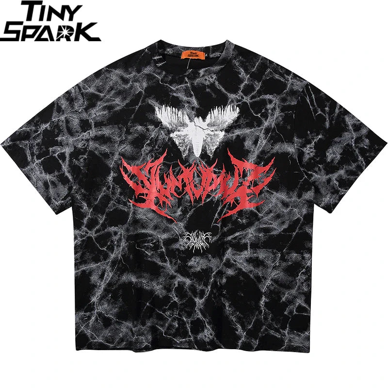 Black and white marble-patterned cotton hip hop t shirt with bold red gothic font and white moth design for streetwear