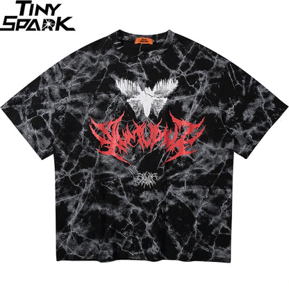 Black and white marble-patterned cotton hip hop t shirt with bold red gothic font and white moth design for streetwear