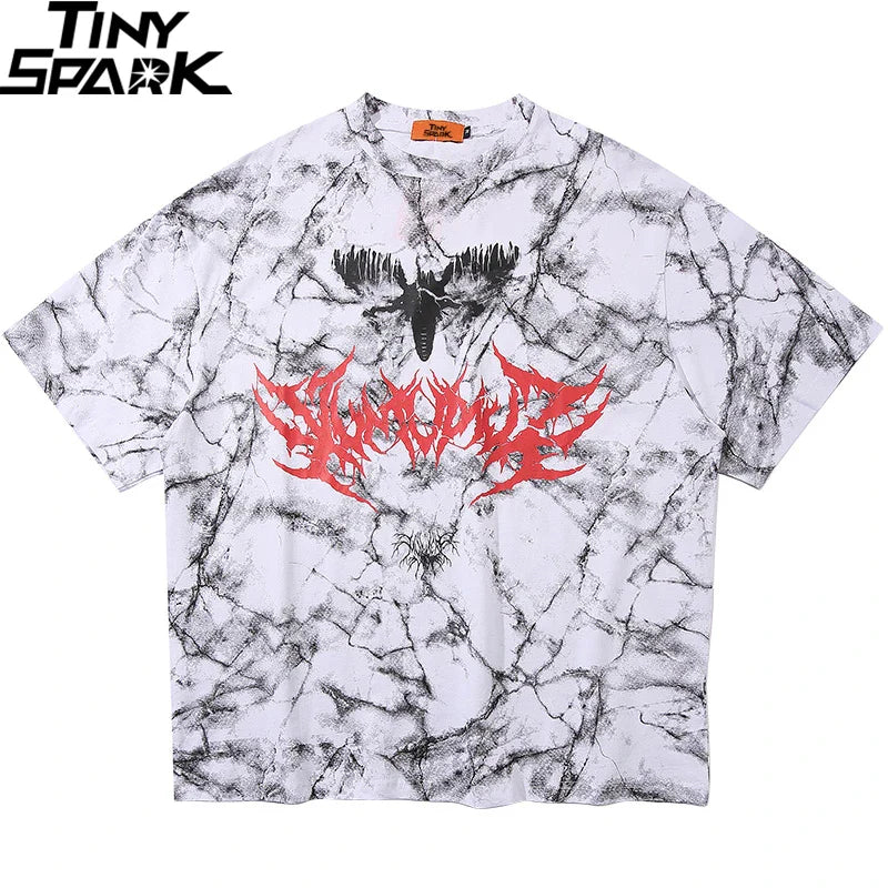 White marble-patterned cotton hip hop t shirt for men with black red moth design and sinners text for streetwear use