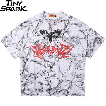 White marble-patterned cotton hip hop t shirt for men with black red moth design and sinners text for streetwear use