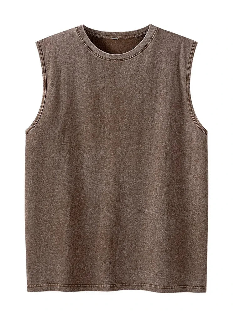 A faded brown denim sleeveless round neck top with visible stitching in men fashion cotton harajuku multicolors oversized style