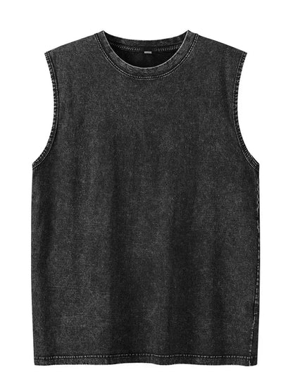 Black distressed denim sleeveless top with round neckline and visible stitching in men fashion cotton style