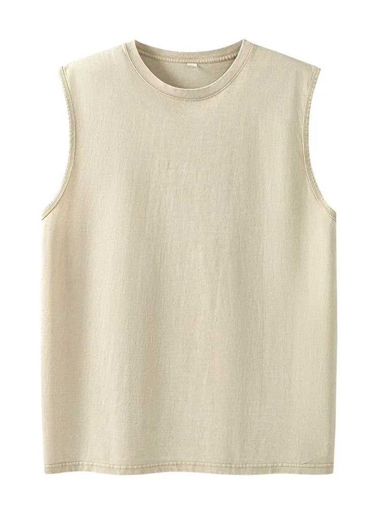 Beige sleeveless cotton top with round neckline and subtle stitching details in harajuku multicolors oversized style