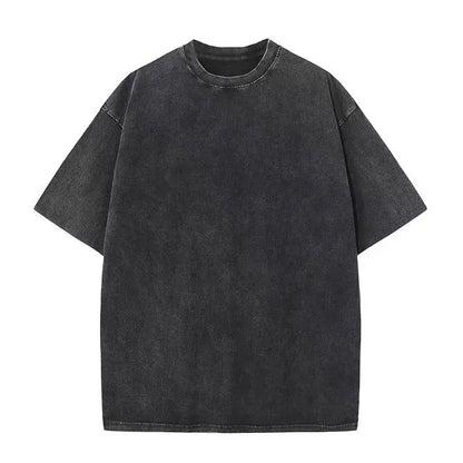Black oversized cotton t shirt with faded distressed texture and classic crew neck for men fashion cotton unisex summer retro style