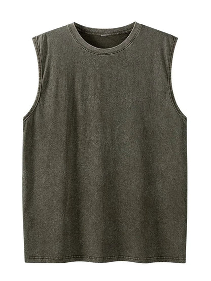 A dark olive green sleeveless cotton tank top with a relaxed fit and faded texture for men fashion cotton style
