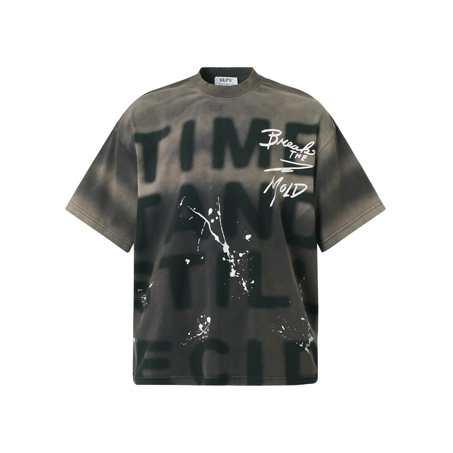 Olive green oversized hip hop t shirt harajuku cotton with bold letter graffiti tie and white paint splatter accents