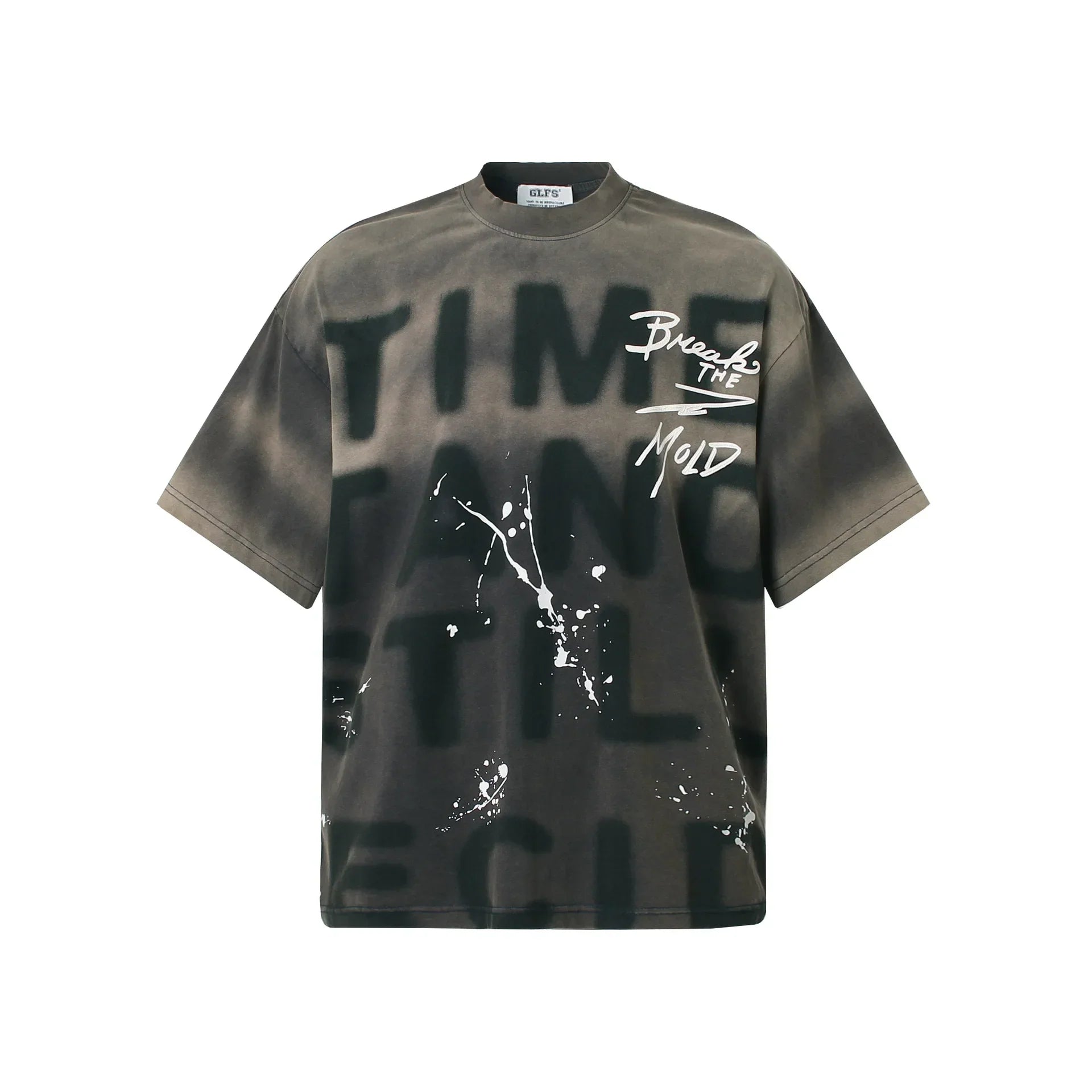 Olive green oversized hip hop t shirt harajuku cotton with bold letter graffiti tie and white paint splatter accents