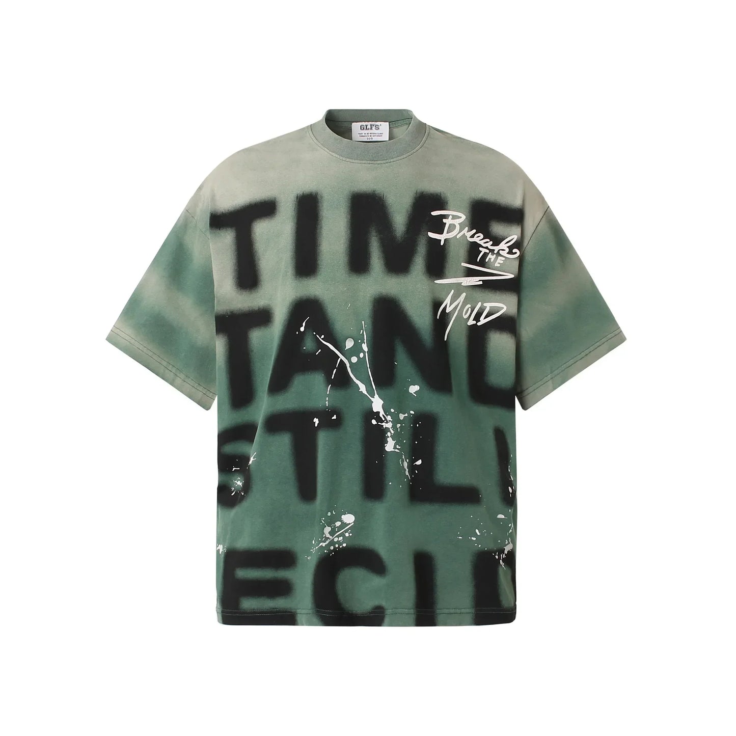 Olive green oversized hip hop t shirt harajuku cotton with bold black letter graffiti tie and white paint splatter accents
