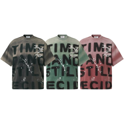 Three oversized hip hop t-shirts in gray green and pink featuring bold letter graffiti tie designs on shirt harajuku cotton