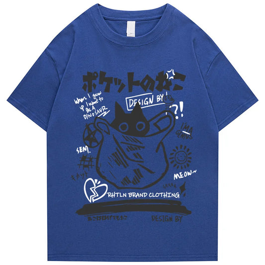 Blue cotton short-sleeved hip hop t-shirt for men featuring a black cartoon cat graphic and Japanese kanji text