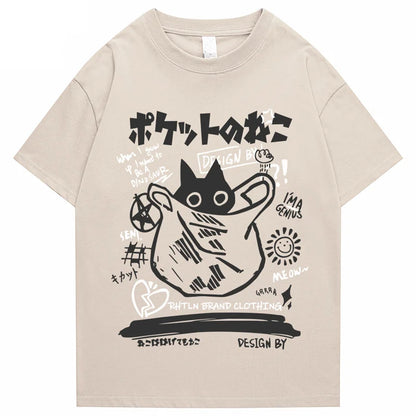 Beige cotton short sleeve hip hop t-shirt for men with black cartoon cat and Japanese kanji streetwear design