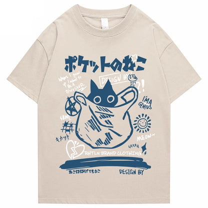 Beige cotton short sleeve hip hop t shirt for men featuring a playful blue cartoon cat and Japanese kanji design