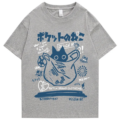Gray heathered cotton hip hop t-shirt with playful blue cartoon cat and doodle-style text for casual streetwear