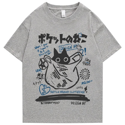 Gray heathered cotton hip hop t-shirt with black cartoon cat graphic and japanese text for men streetwear casual wear