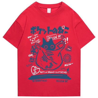 Red cotton short sleeve hip hop t shirt with blue cartoon cat and Japanese kanji for casual streetwear