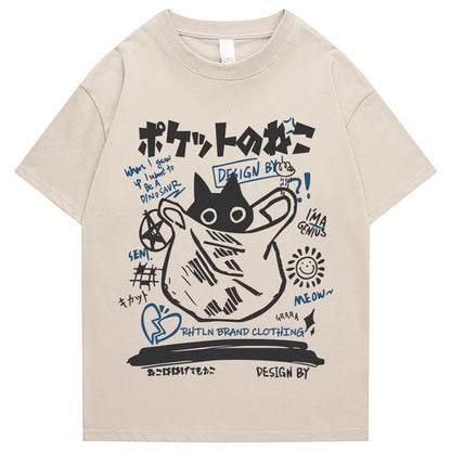 Beige cotton short-sleeved hip hop t-shirt for men with a black cartoon cat and japanese kanji doodles print
