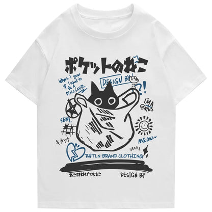 White cotton short-sleeved hip hop t shirt with black and blue cartoon cat and Japanese kanji streetwear design