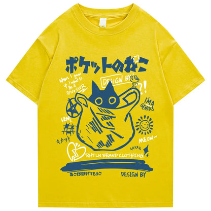 Bright yellow cotton hip hop t-shirt with playful blue cartoon cat, Japanese kanji, and doodles for casual streetwear