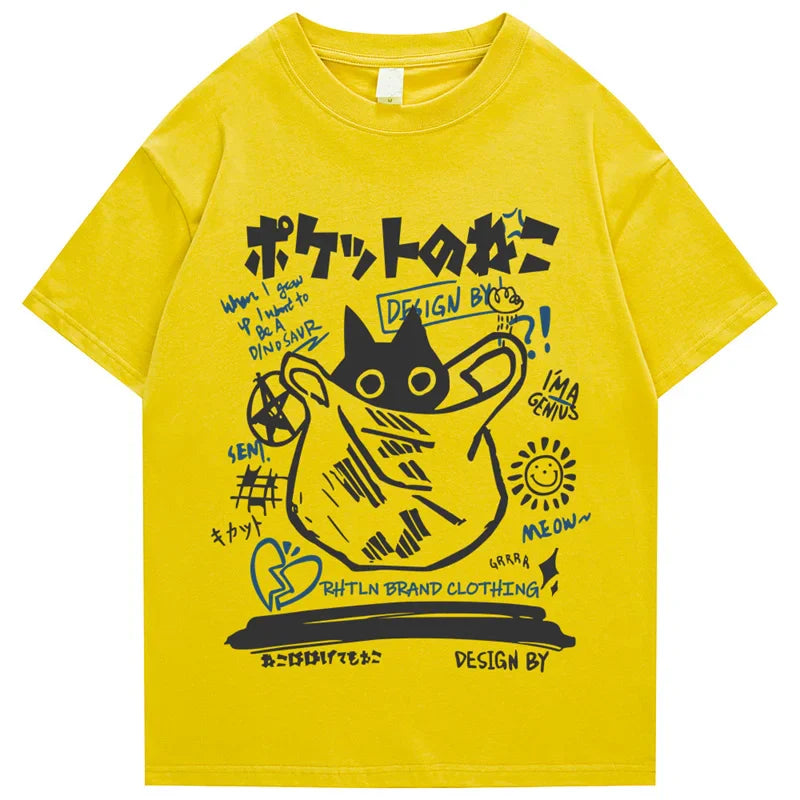 Bright yellow cotton hip hop t-shirt for men featuring a bold black cartoon cat with Japanese and English text