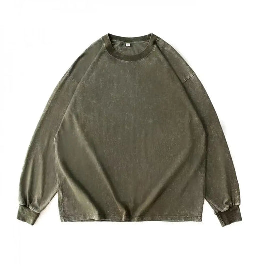 Olive green long-sleeved crewneck shirt men vintage with faded distressed texture cotton harajuku oversized tee